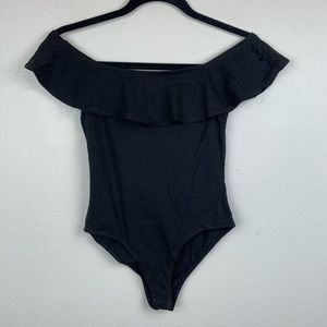 NWT Black Off the Shoulder Ruffle Snap Bodysuit
